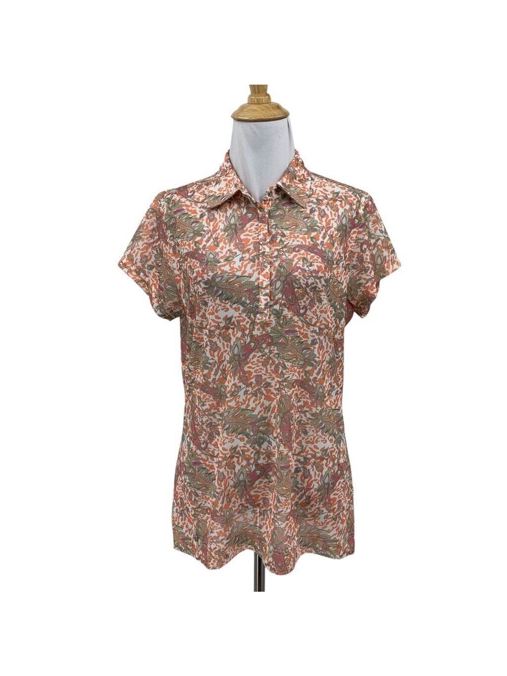 Daily Sports Shirt Women L Large Lisbeth Cap Sleeve Floral Snap Button Mesh Polo